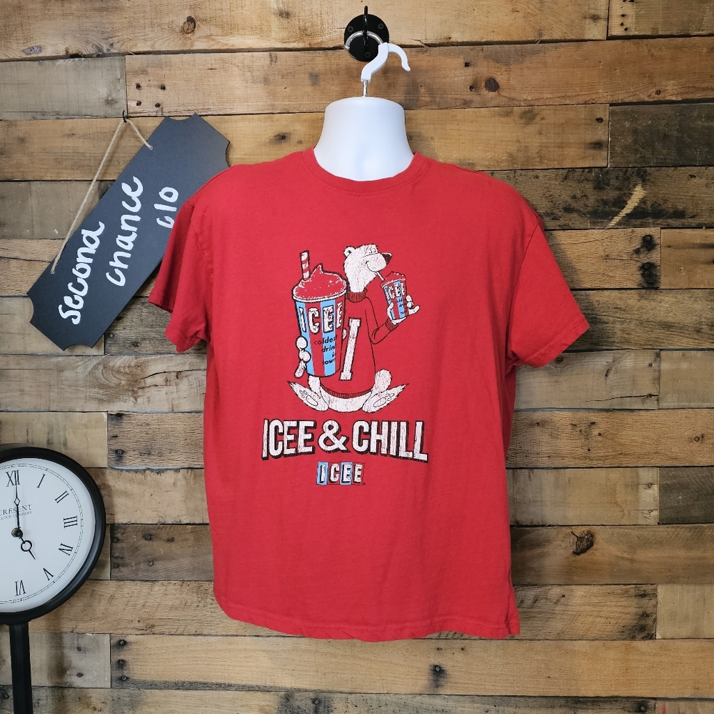 SALE-Icee Mens Bear And Drink Graphic Red Short Sleeve shirt Size
